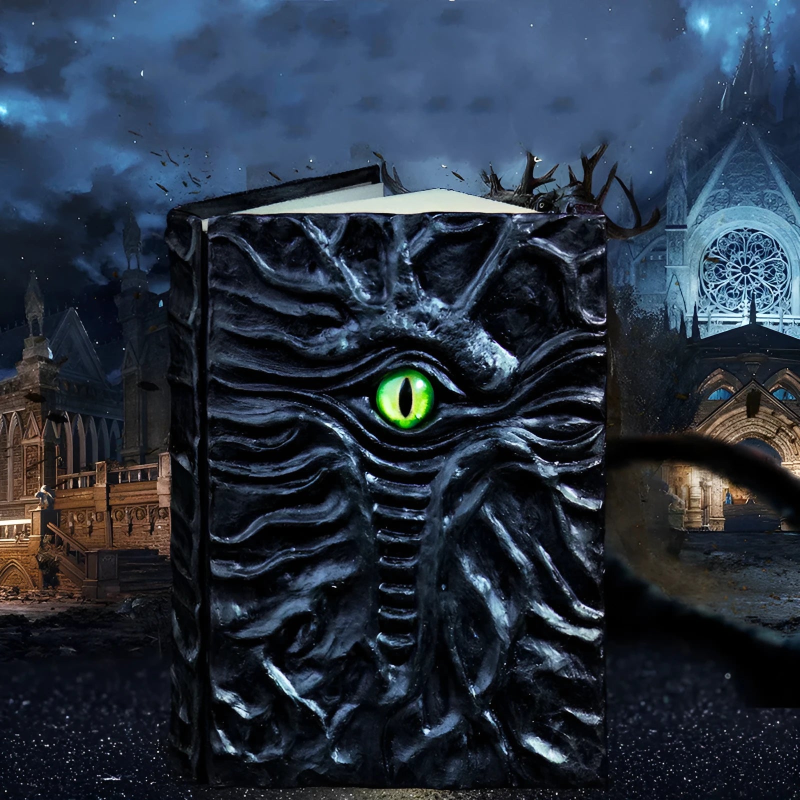 Demon Eye Cthulhu notebook with embossed resin relief cover on dark kraft paper
