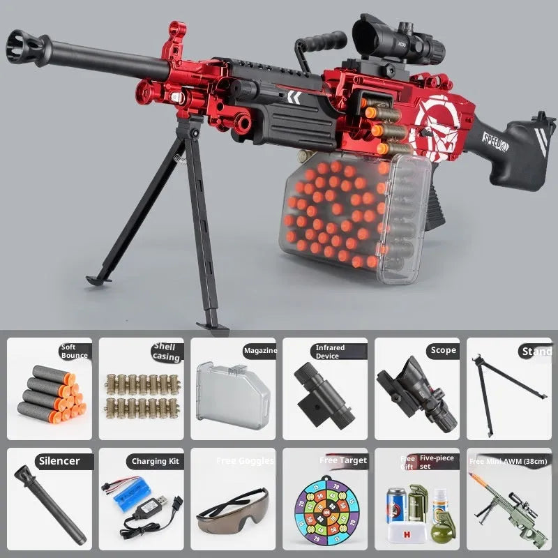 AMT M249 electric toy gun in blue white colour with soft elastic shells and round target