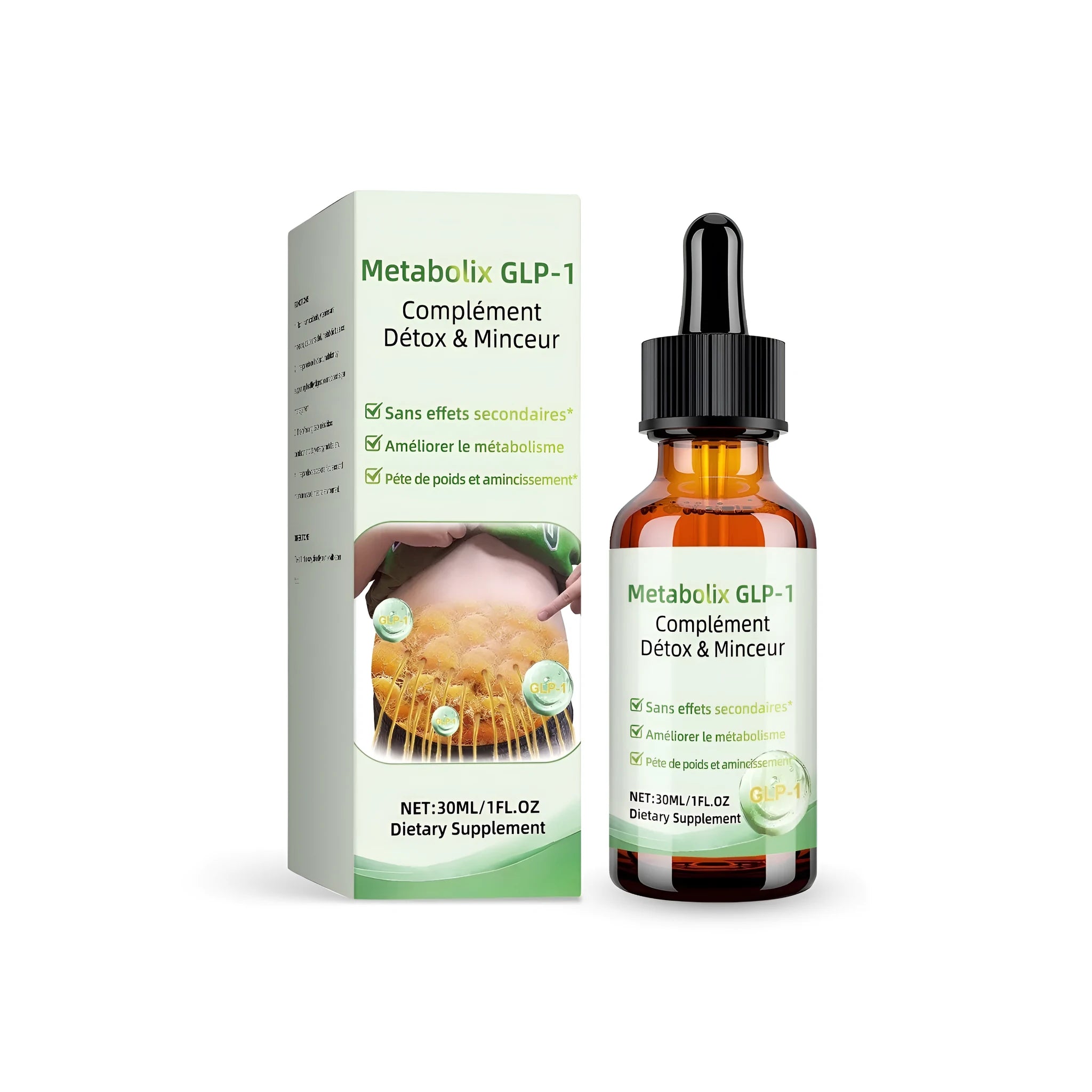 30ml glass bottle of moringa leaf extract dietary supplement drops with a dropper.