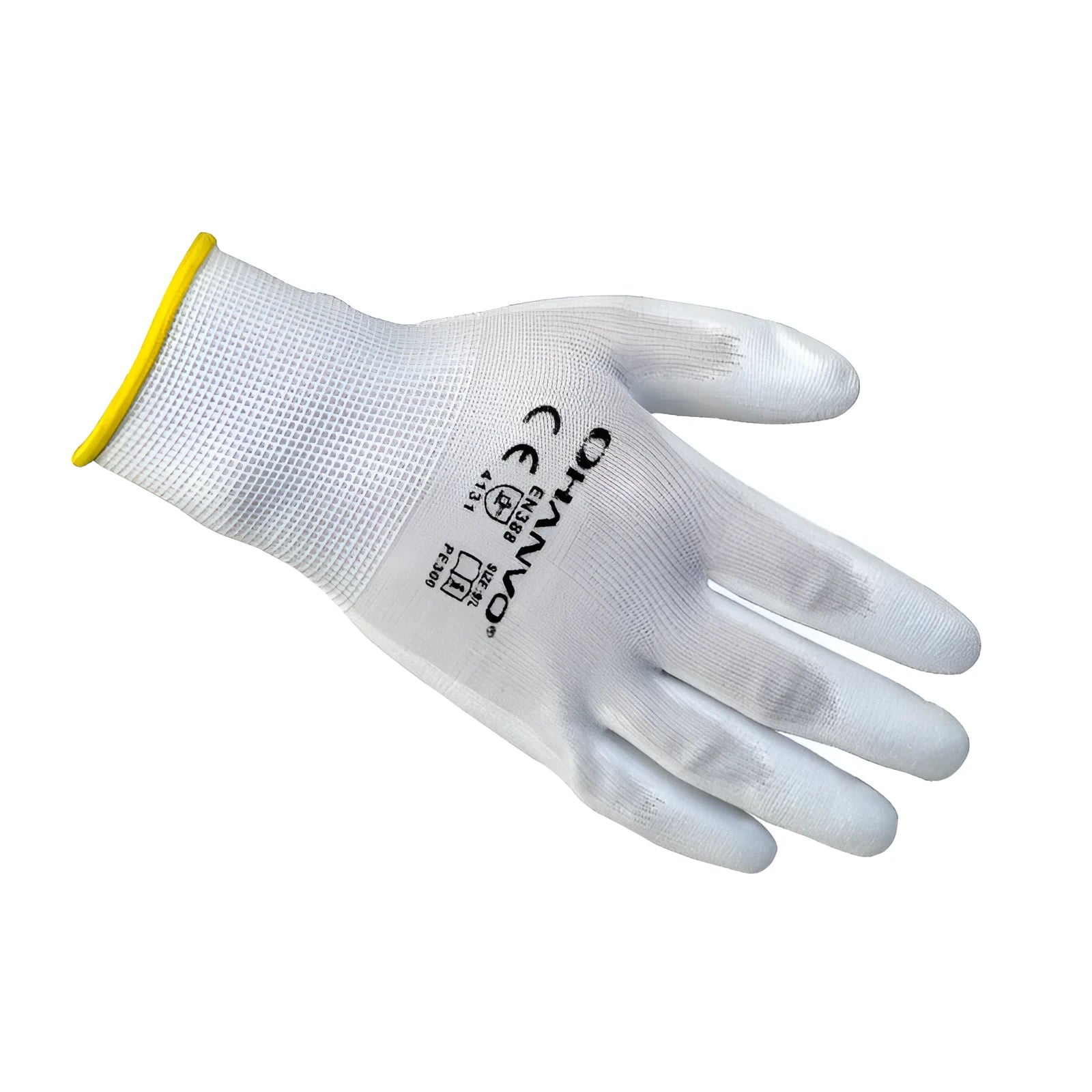 White PU coated work gloves showing durable palm coating and breathable cotton back, sizes L and M.