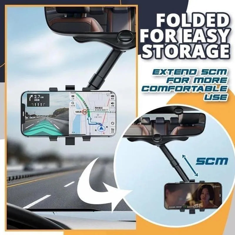 Black rearview mirror car phone holder with retractable arm and 360-degree rotating phone clamp.