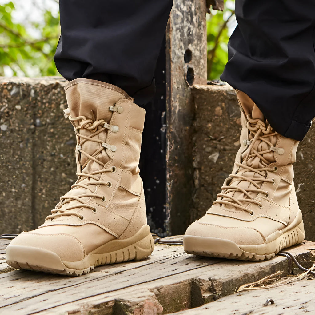 Summer Yulong unisex tactical combat and climbing boots in black and sand colours.