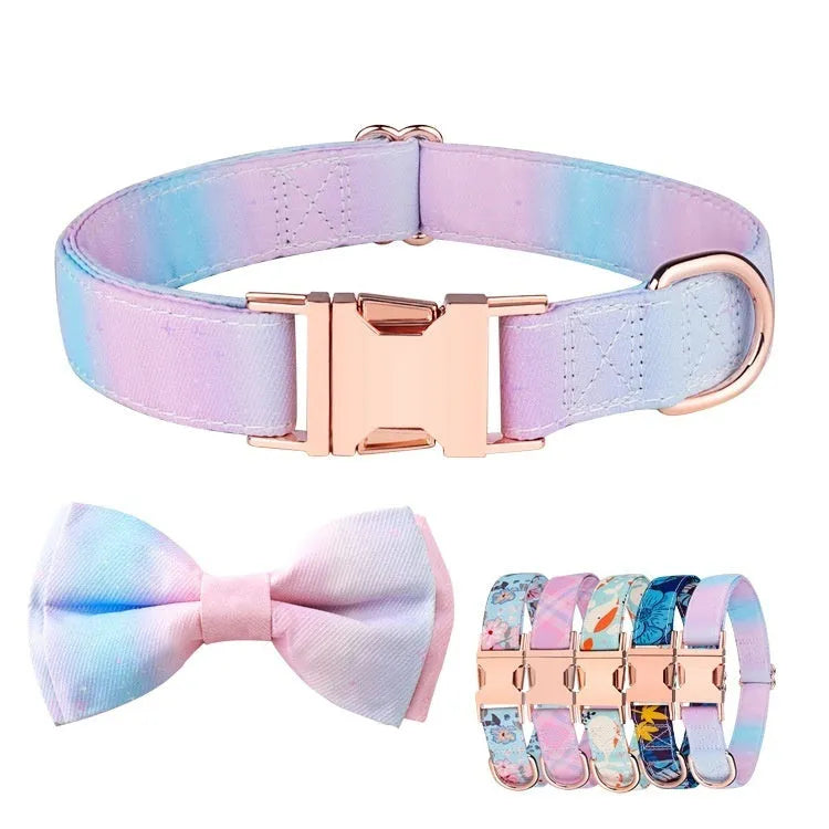 Rose gold buckle pet collar with bow decoration in multiple colour patterns
