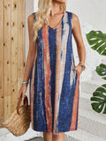 Casual V-neck sleeveless dress with colour block stripes in Japanese Korean style.