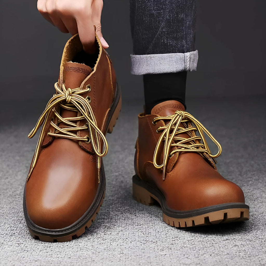 Brown first layer cowhide leather Martin boots with round toe and front lace-up closure