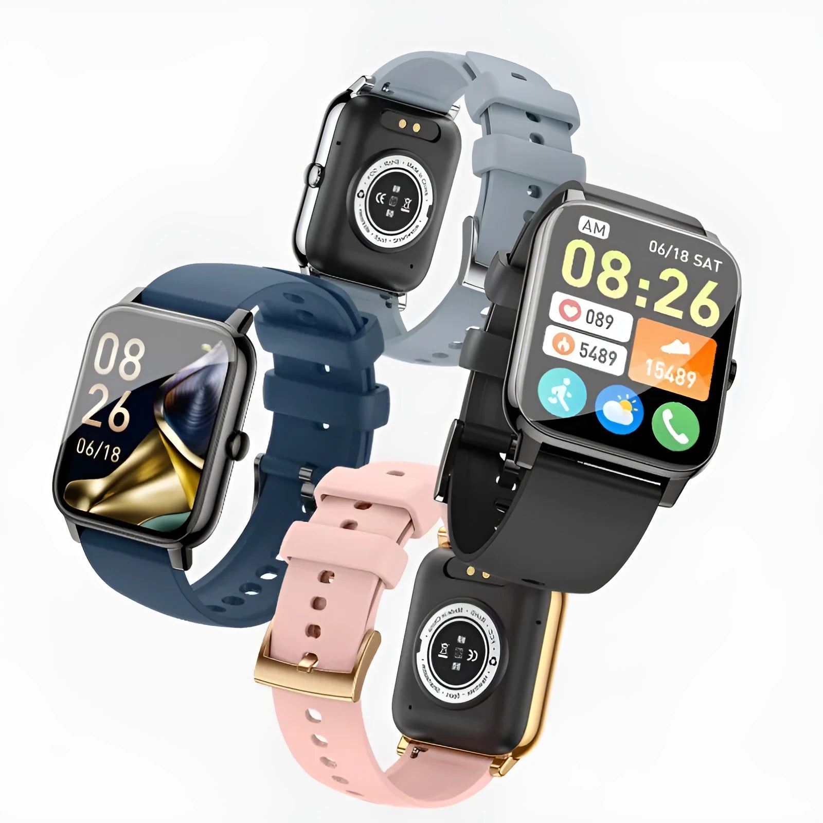 Smart Watch P90 with 185 square screen, Bluetooth calling, heart rate, sleep monitoring, in five colour options including gold steel strap