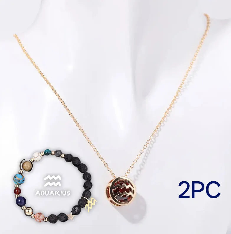 Natural stone beaded necklace and matching bracelet set laid flat, showing one of twelve available style variations.