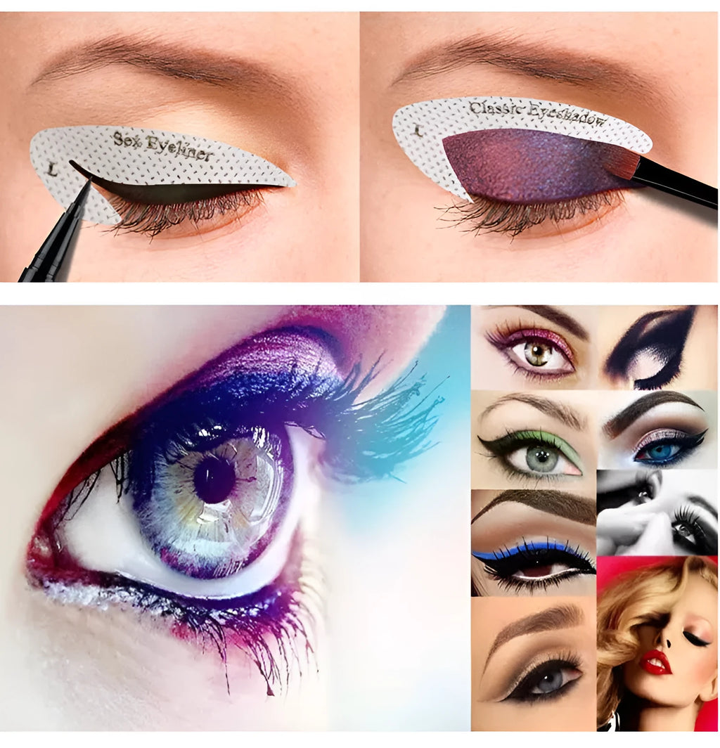 Set of four reusable flexible eyeliner and eyeshadow stencil templates on a pink background.