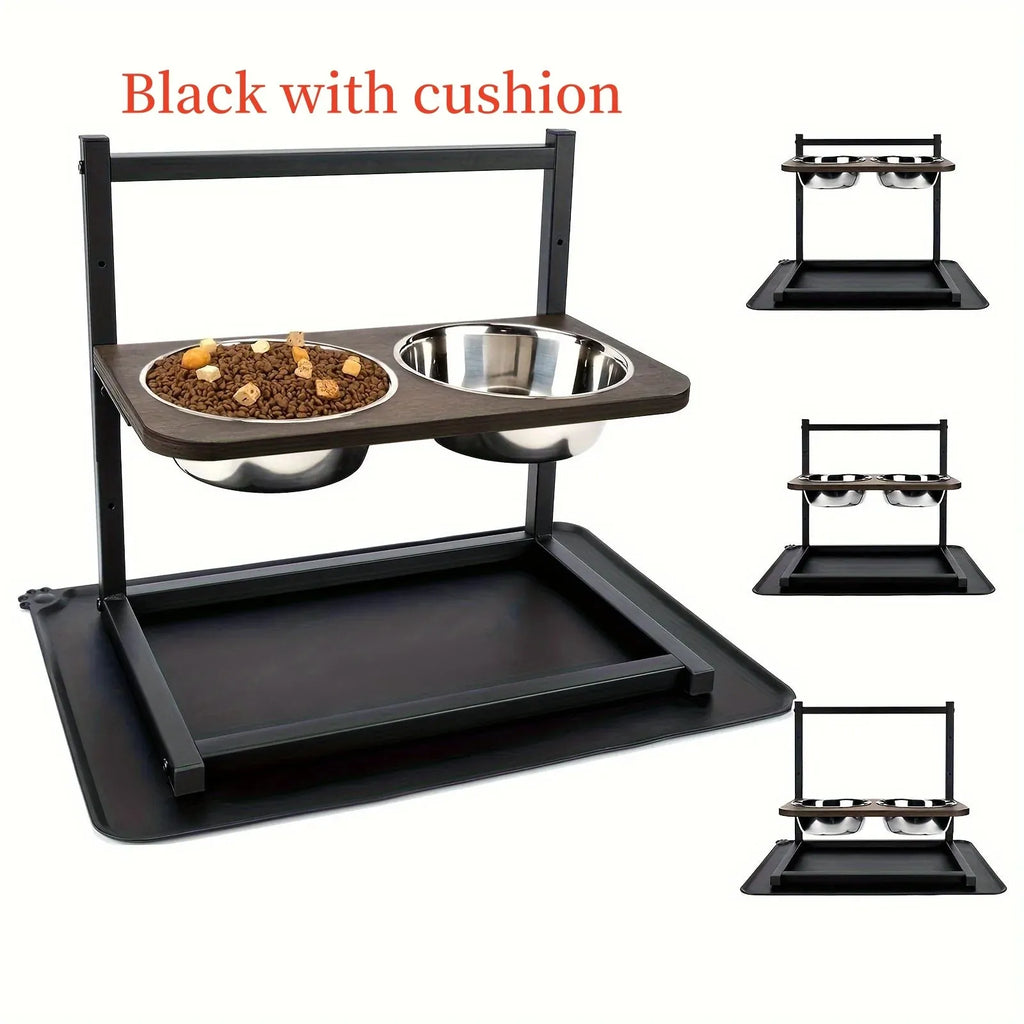 Black iron dog bowl rack stand holding three different sized pet bowls