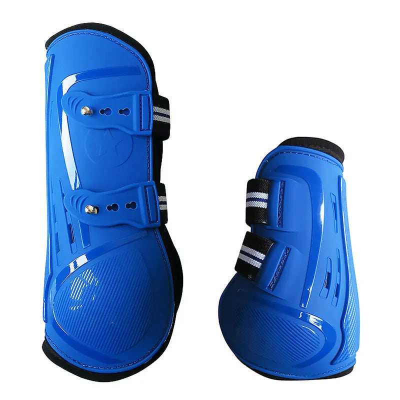No 9 colour barrier horse leg guards showing PU hard shell and neoprene with air holes, in blue colour.