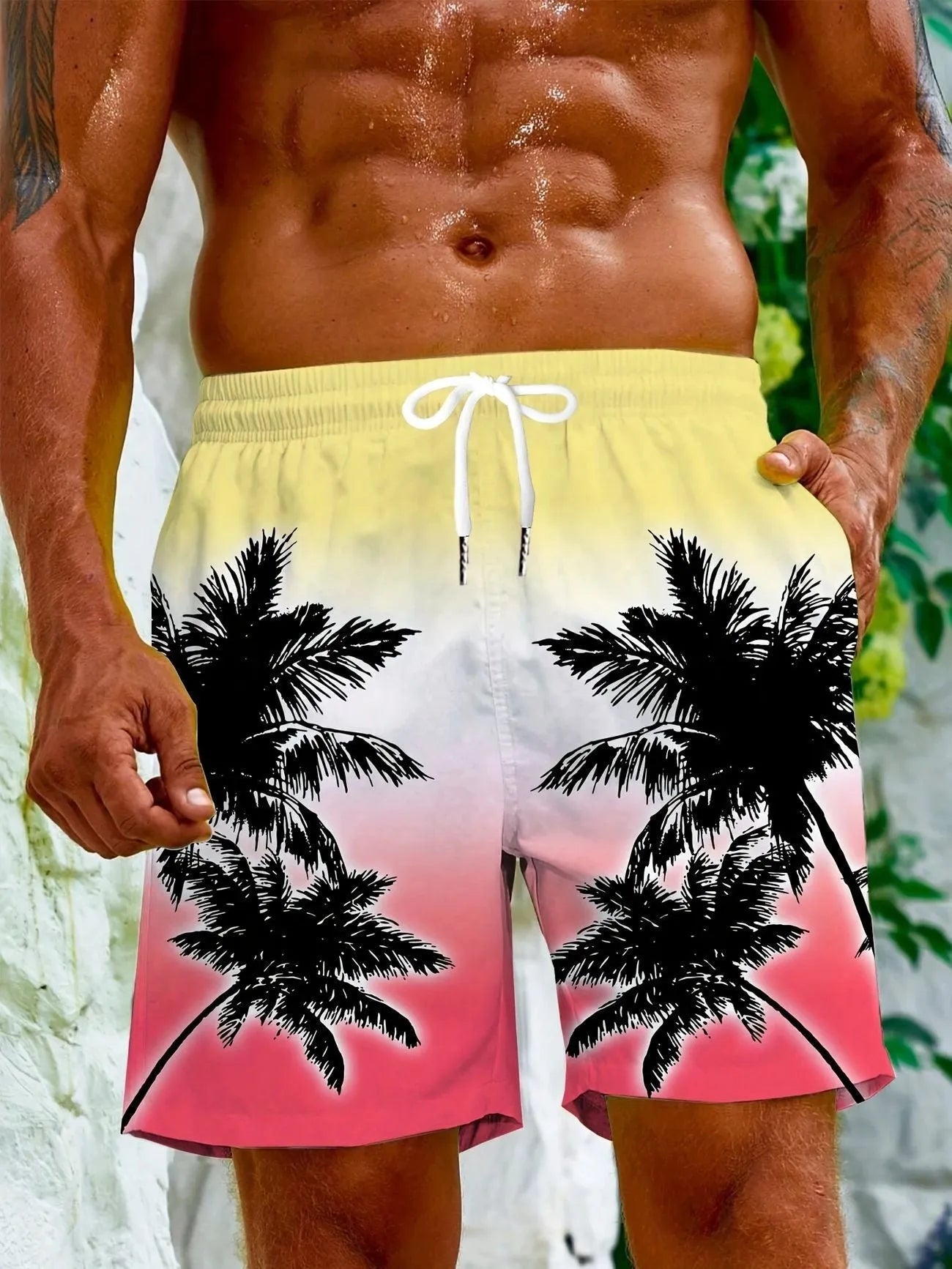 Men's quick-dry polyester swimming trunks in a blue colour, showing elastic waistband and pocket detail.