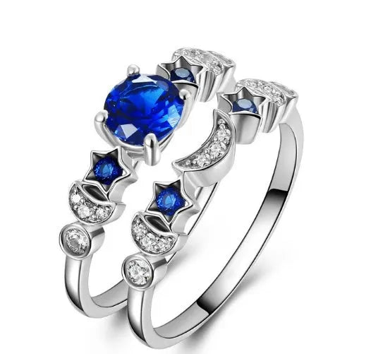 New creative moon ring for women with blue gemstone inlay, available in sizes 6 to 10
