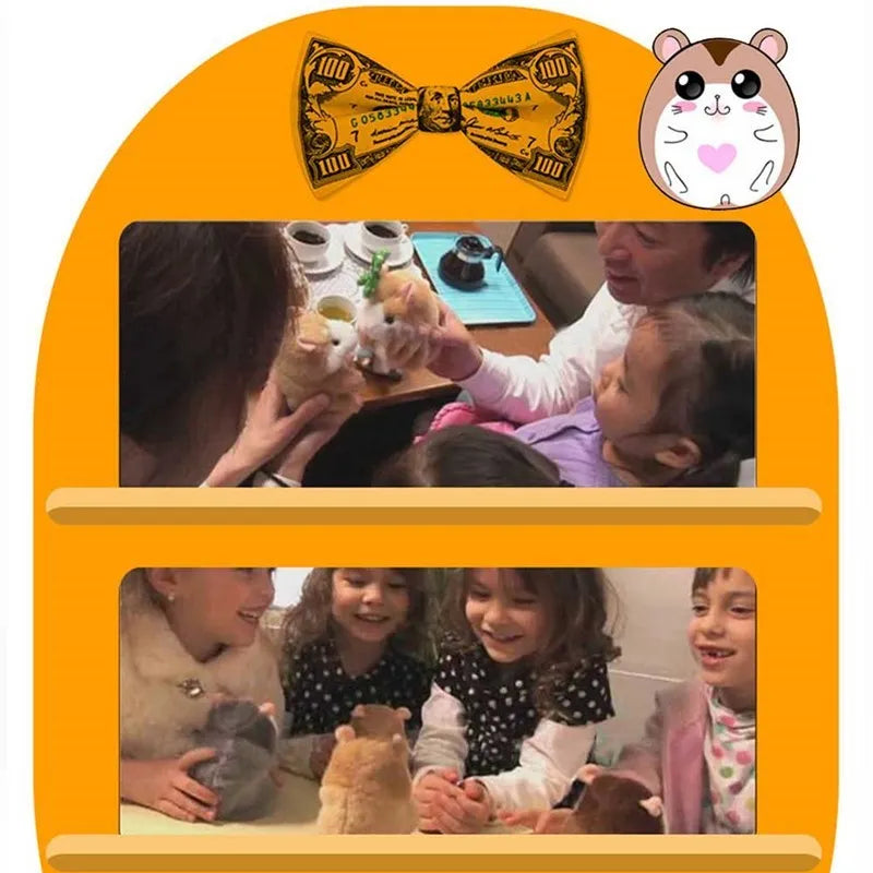 15cm tall light brown plush talking hamster toy with head-bobbing function.