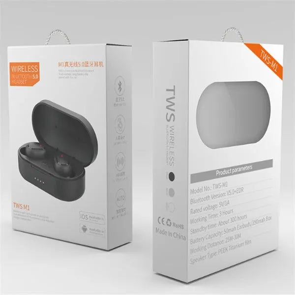 M1 Bluetooth wireless headset earbuds in black and white colour options showing stereo design
