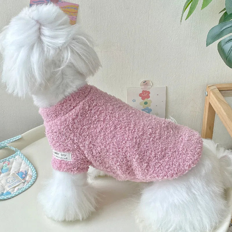 Brown double-sided cloud velvet dog jacket showing thickened polyester construction for pet warmth