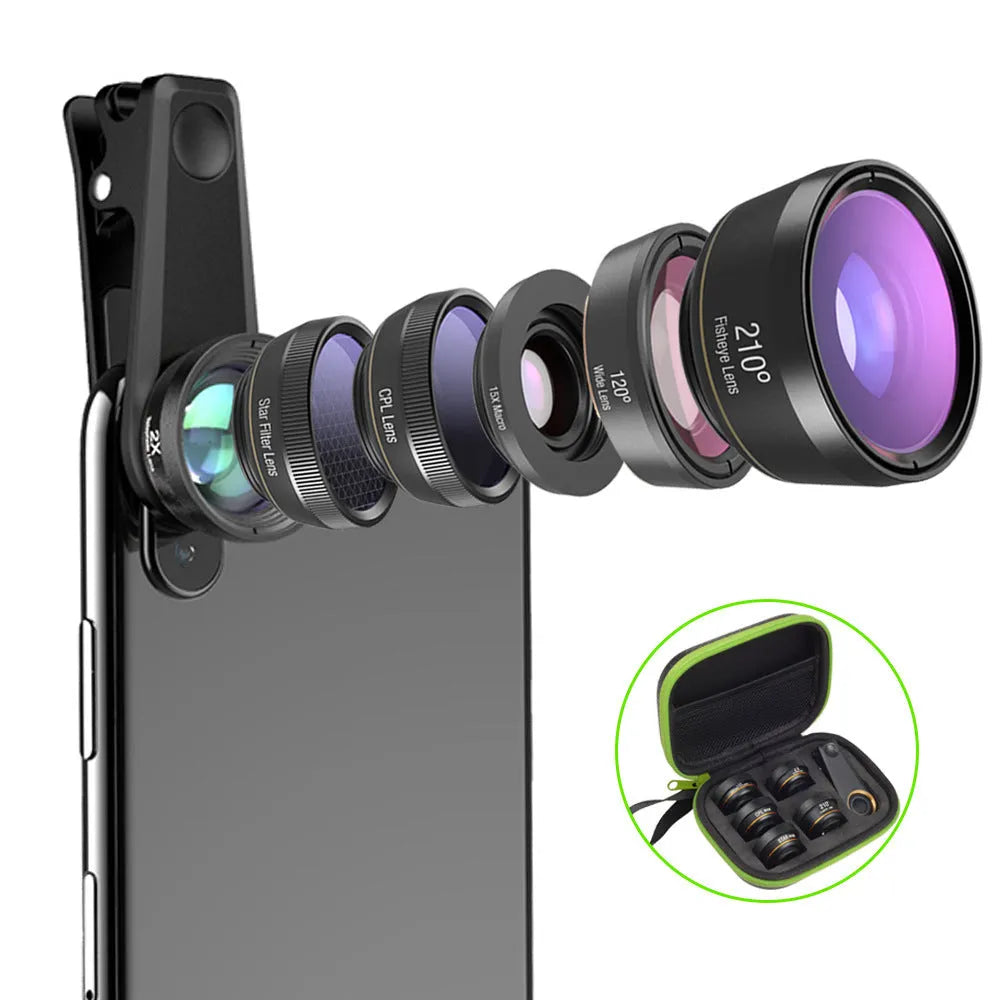 Black 6-in-1 smartphone camera lens kit with fisheye, wide-angle, macro, telephoto, CPL and star filter lenses and universal clip