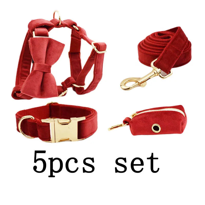Complete dog collar and leash gift set with bow tie, vest and waste bag in festive colours