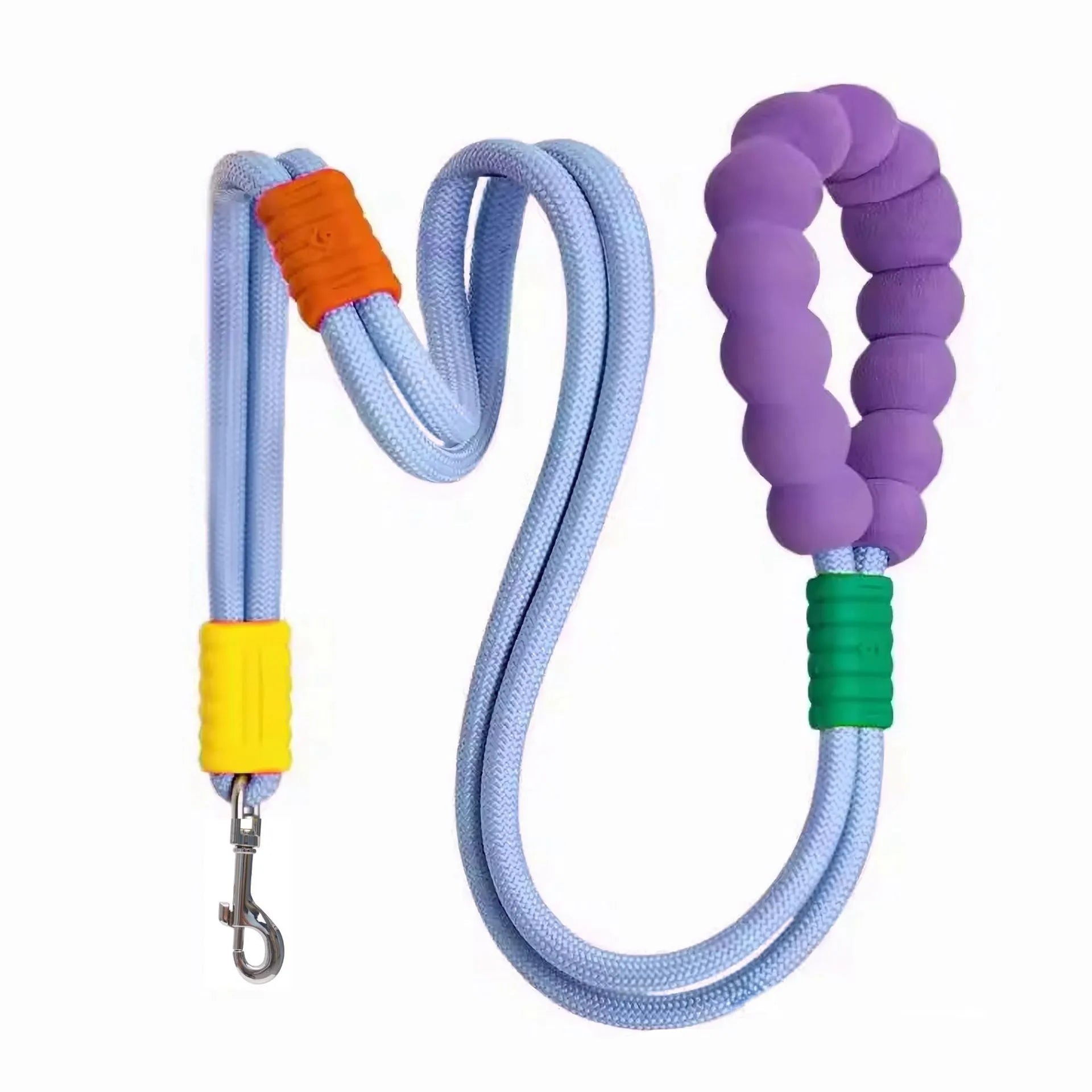 Dog traction rope leash with foam handle in four colour options: black, light purple, sky blue, yellow