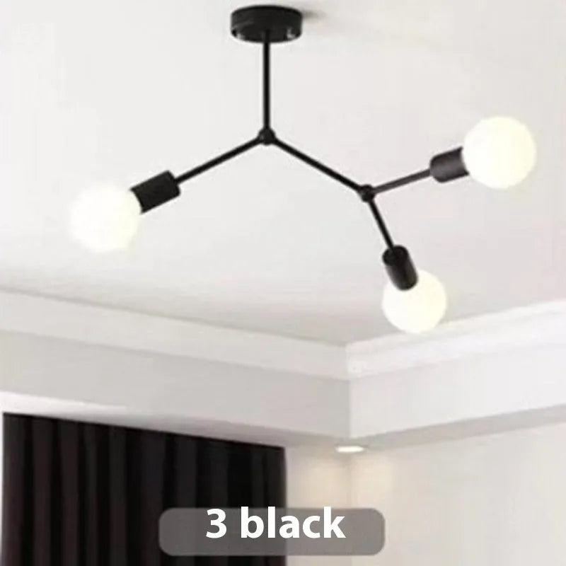 Simple Nordic style iron ceiling chandelier with multiple arms, shown in black and white finishes.