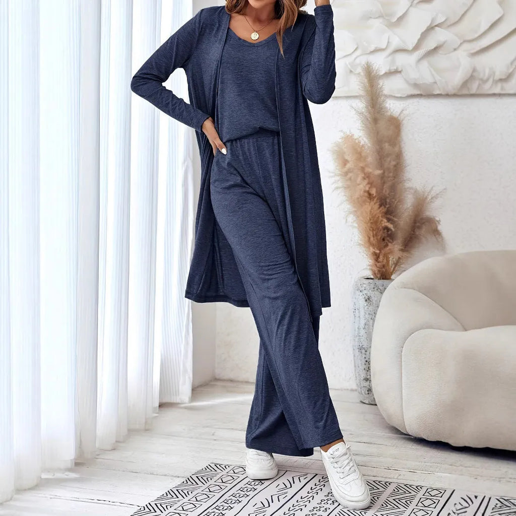 Women's blue polyester trouser suit set with sling top, cardigan, and trousers in Japanese Korean style