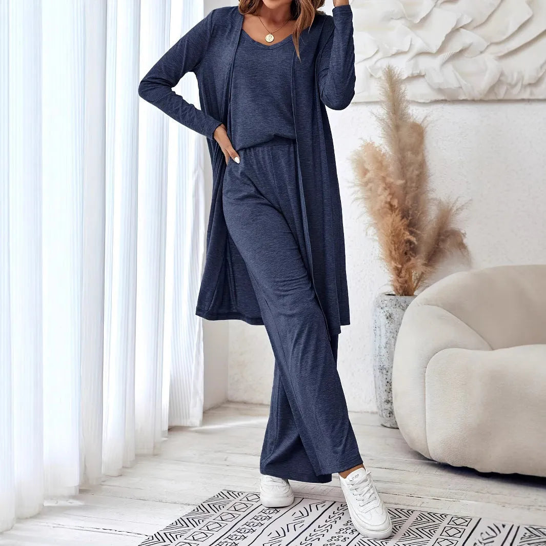 Women's blue polyester trouser suit set with sling top, cardigan, and trousers in Japanese Korean style
