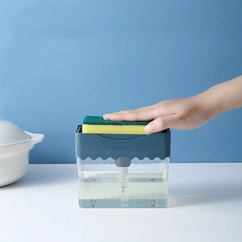 White ABS plastic 2-in-1 kitchen soap dispenser with sponge holder and top-fill pump