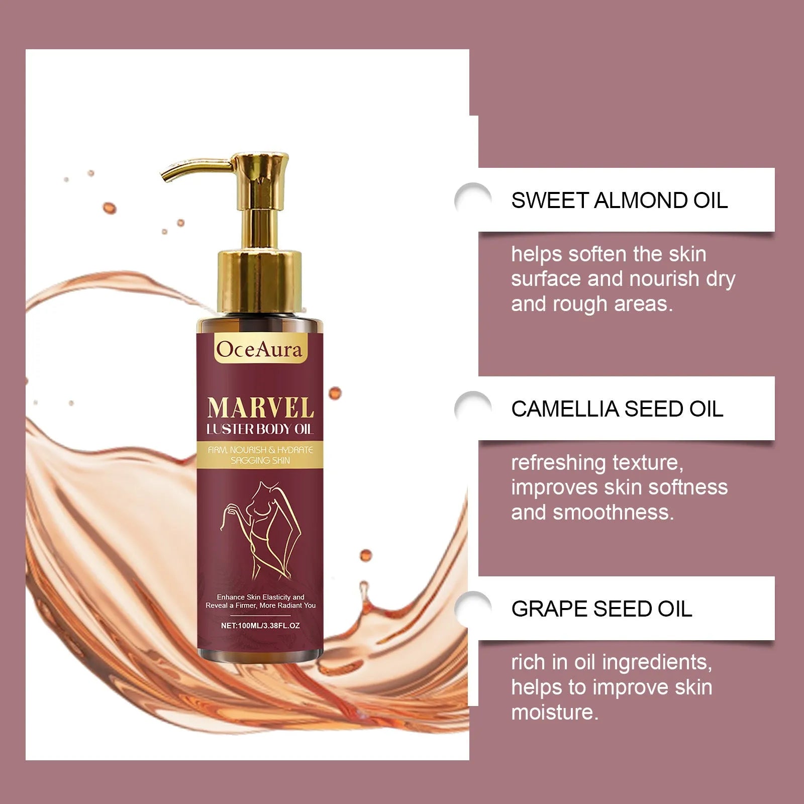 A 100ml bottle of Gloss Care Body Massage Oil with a dropper, placed on a neutral background.