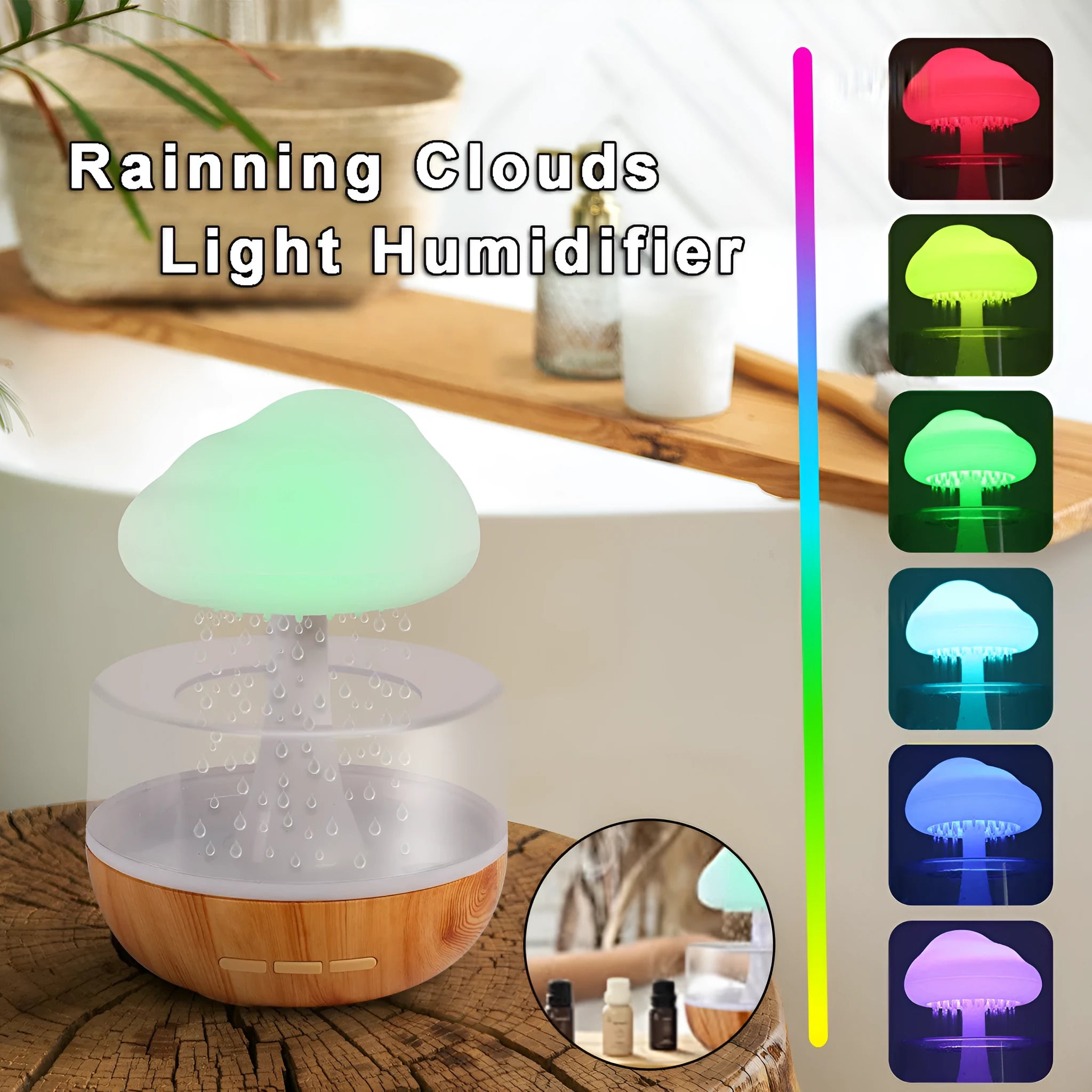 White cloud-shaped humidifier and essential oil diffuser with coloured mood light on.