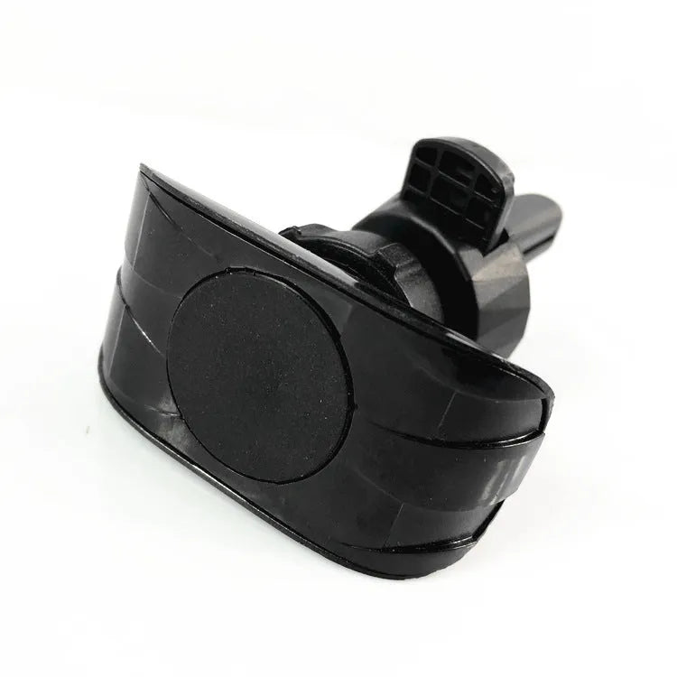 Matte black car phone holder mounted on air outlet with adjustable clamp and 360-degree rotation