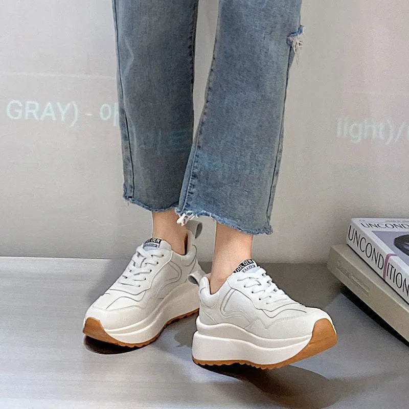 Beige women's cowhide leather casual shoes with low-top design and English muffin heel.