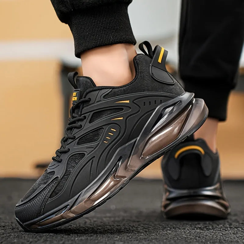 Men's black and grey canvas sports sneakers with shock absorbing soles in multiple sizes