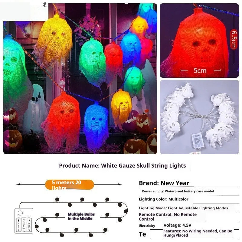Halloween battery-operated LED string lights showing coloured and warm white options for indoor wall decoration