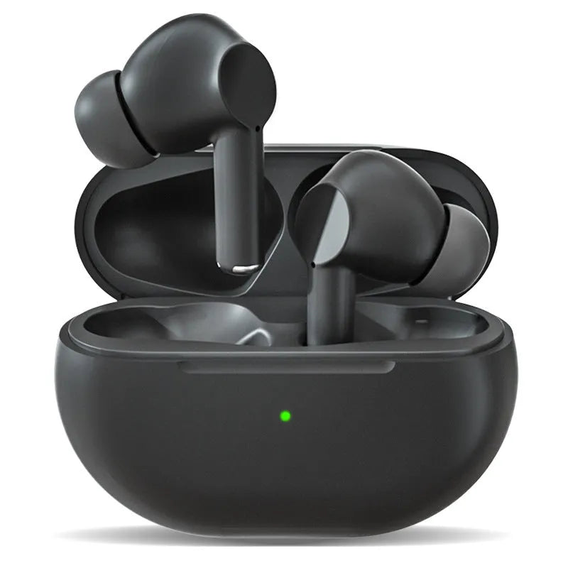 Black and white Pro4 Bluetooth in-ear headsets inside a compact rectangular charging case.