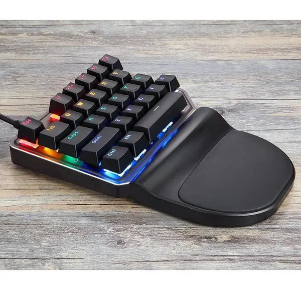 Motospeed black single-hand mechanical keyboard with 27 two-color keycaps in a ladder design; monochrome LED lighting on