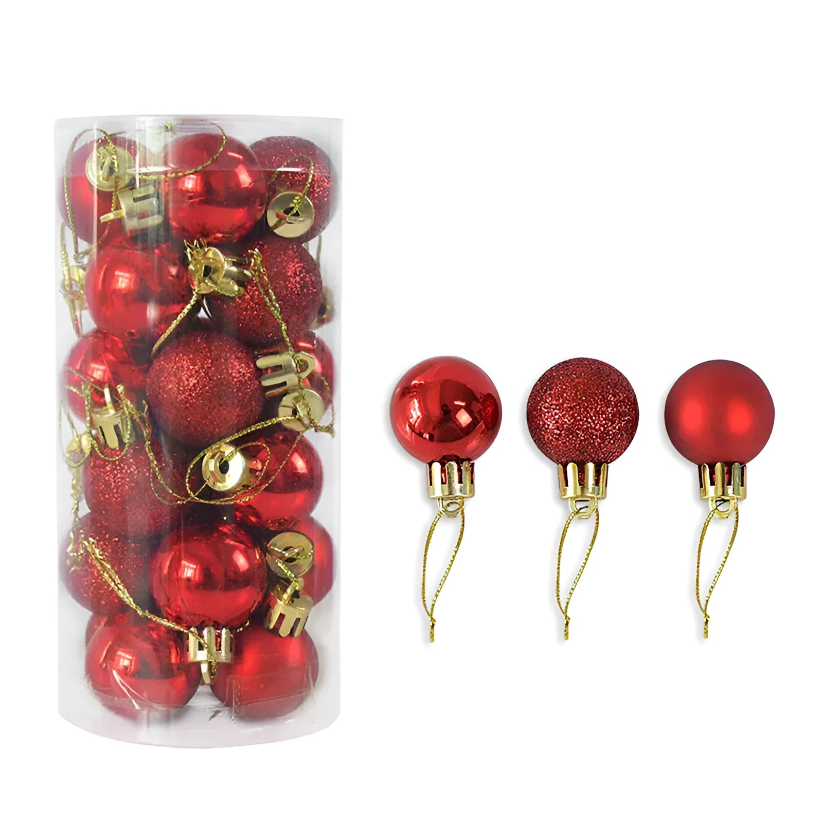 24 gold, red, and silver 3cm plastic Christmas balls with a shiny electroplated finish in a gift box.