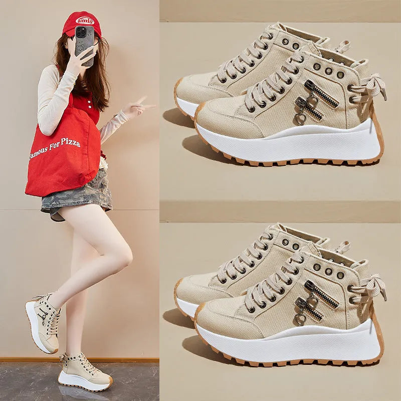 Women's Korean dad style canvas platform trainers in khaki with front lace-up and rubber sole