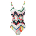 Women's two-piece polyester swimsuit set with matching hip skirt in striped gradient pattern