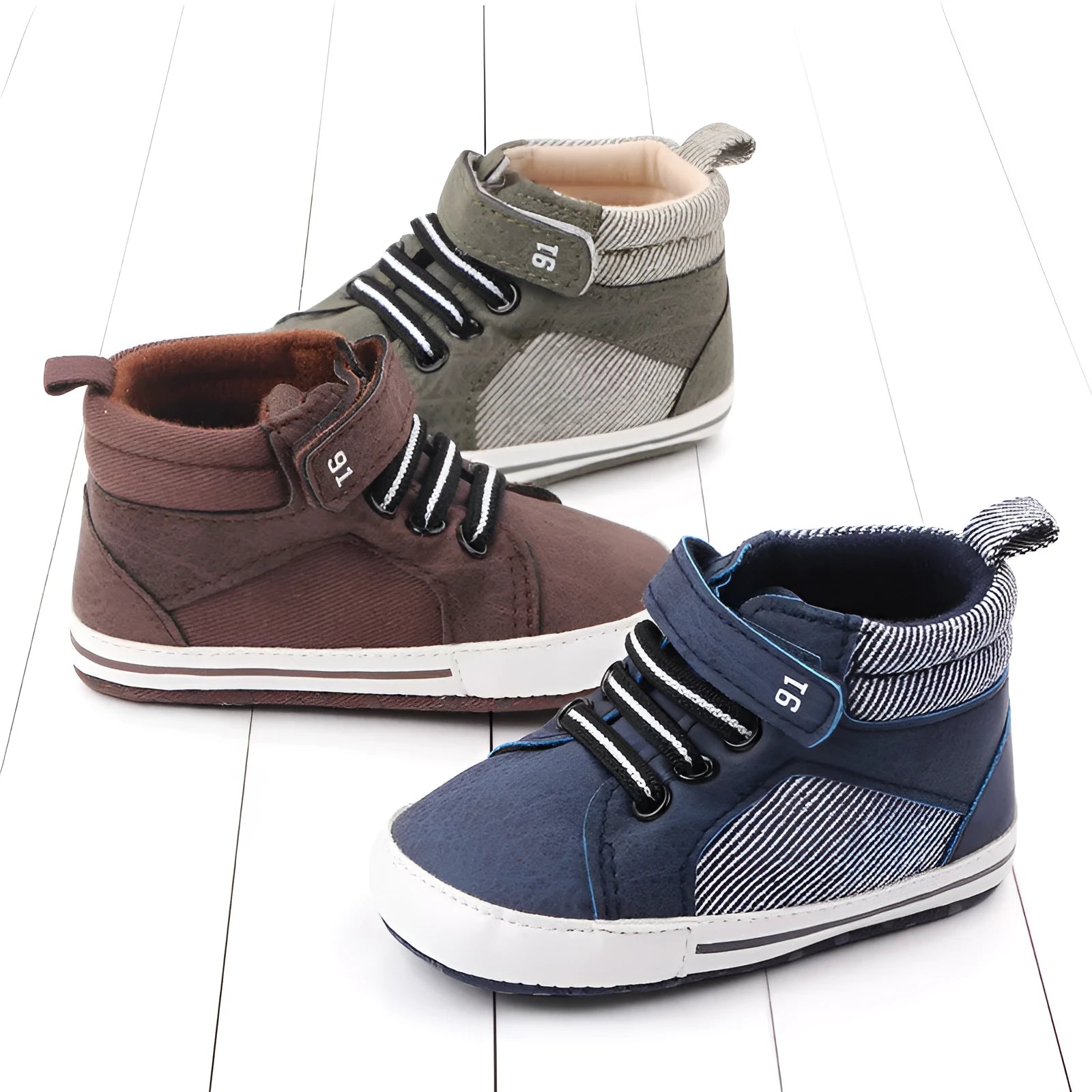 Blue cotton high-top toddler shoes with Velcro fastening for boys