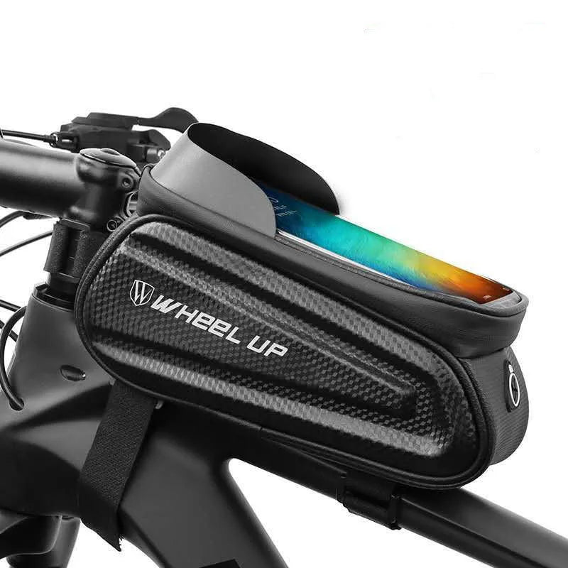 Black and grey EVA mountain bike handlebar bag with reflective strips mounted on bicycle handlebars.