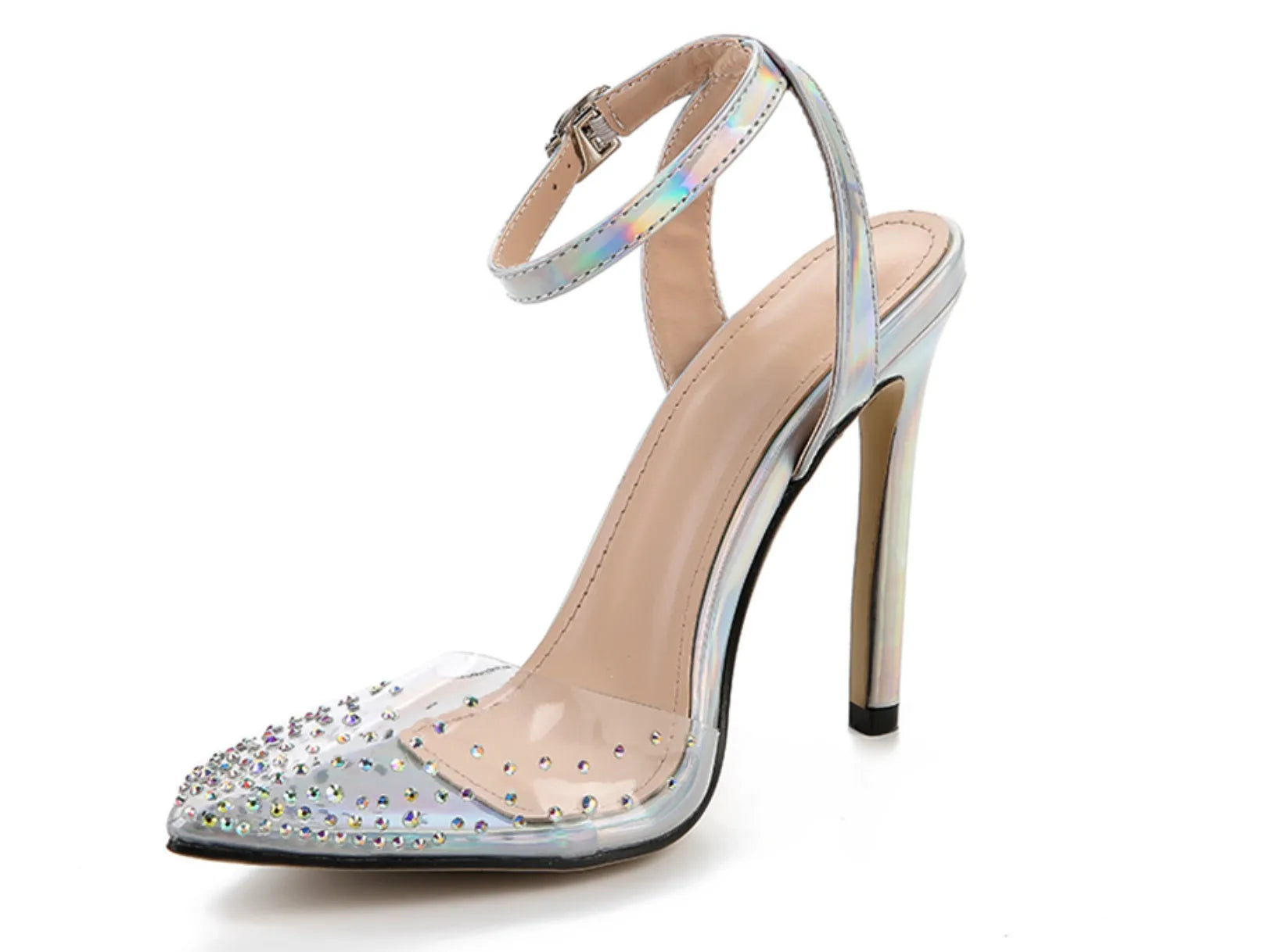 Women's pointed-toe PVC sandals with a stiletto heel on a plain background.