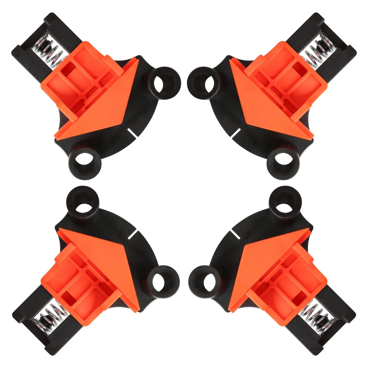 Four plastic 90-degree right-angle woodworking clamps for picture frame assembly.