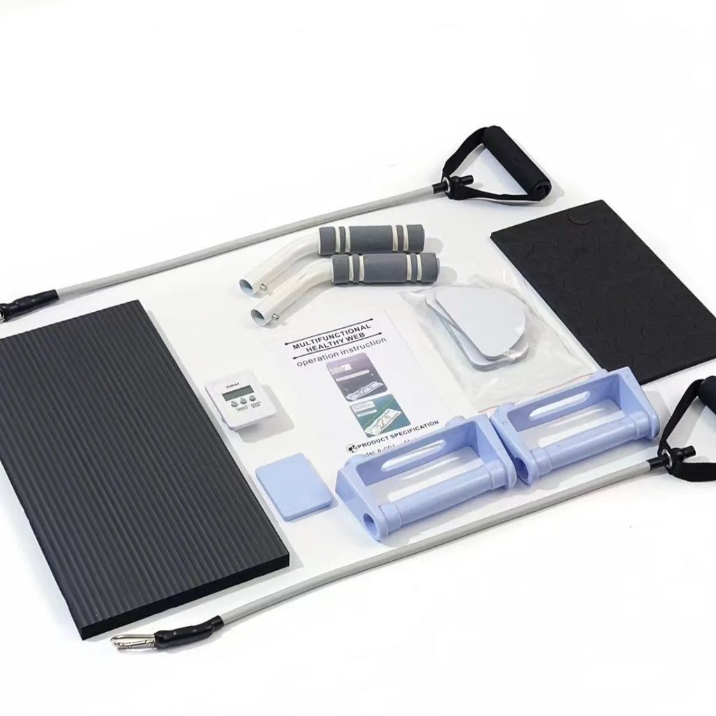Purple foldable PP plastic core exercise board laid flat on a floor.
