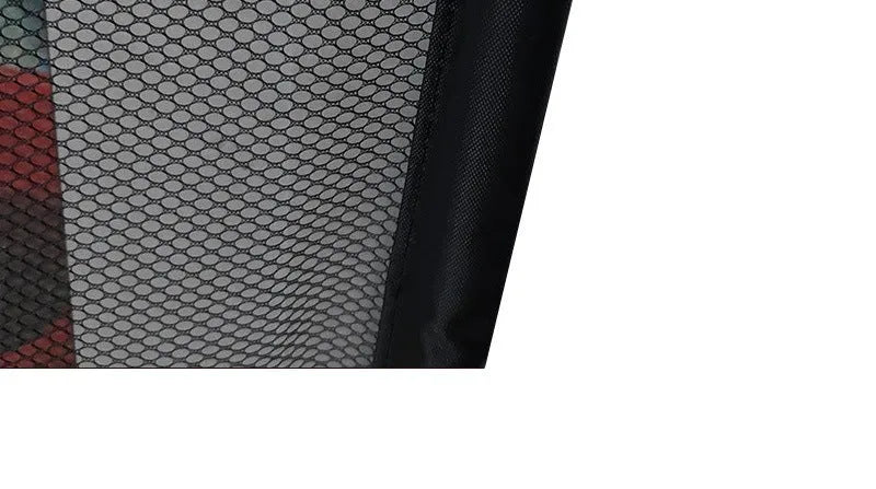 Foldable black cloth pet protection fence placed in a doorway, 110x72 cm size, for holding a small dog