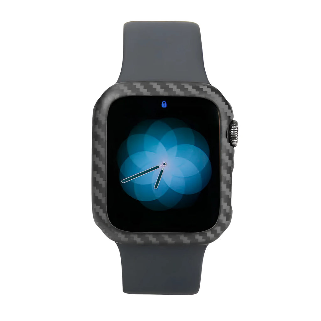 Half wrap leather case for Apple Watch 4 in 44mm size, shown in black with carbon fibre details