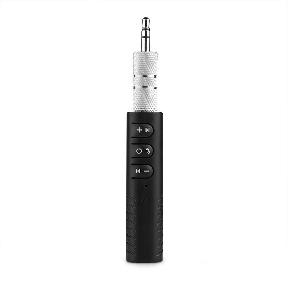 Black Bluetooth car audio adapter with 3.5mm connection for wireless music streaming