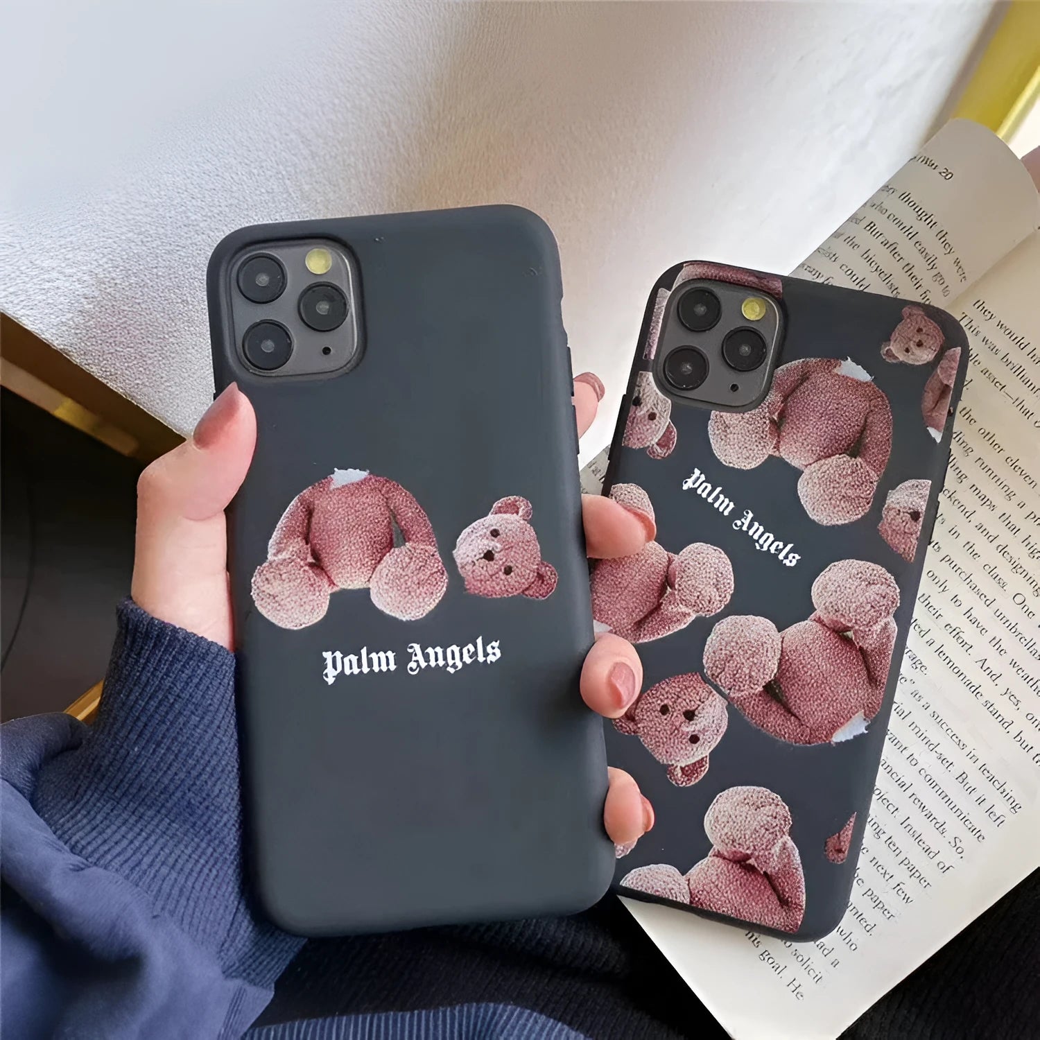 A painted TPU back cover phone case for iPhone, shown in one of two available style colours.