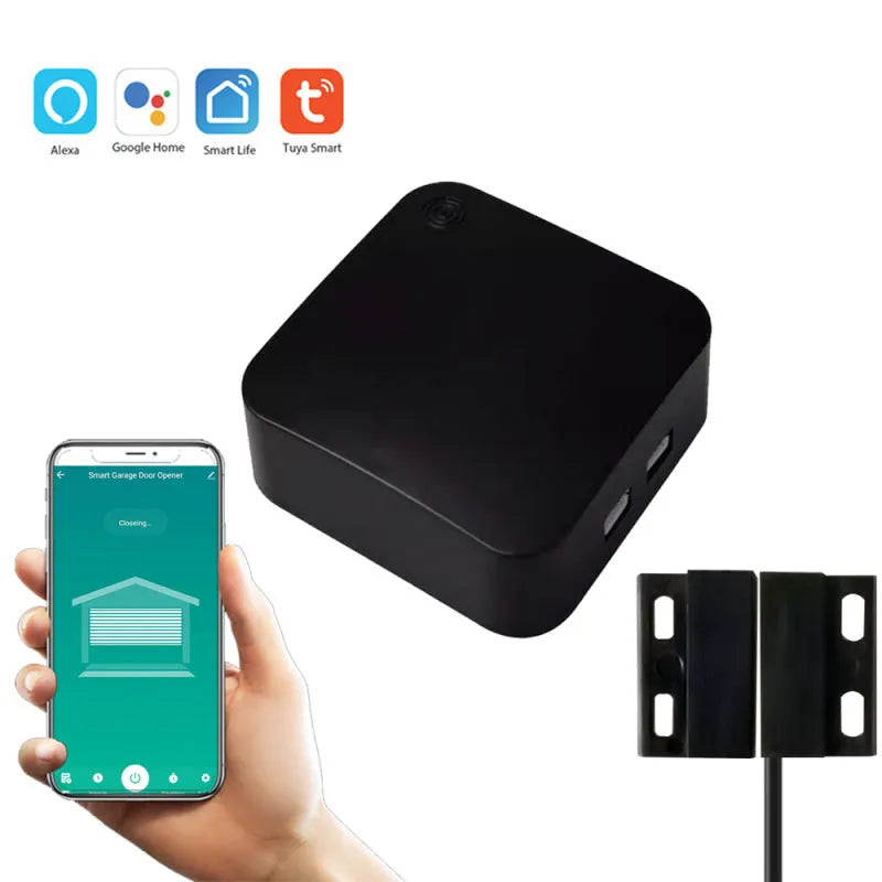 Black plastic WiFi garage door controller with mounting accessories for smart home automation