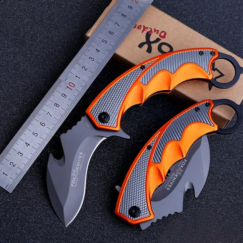 Orange steel handle folding knife with 8.2cm 5CR15MOV blade for camping and tactical use