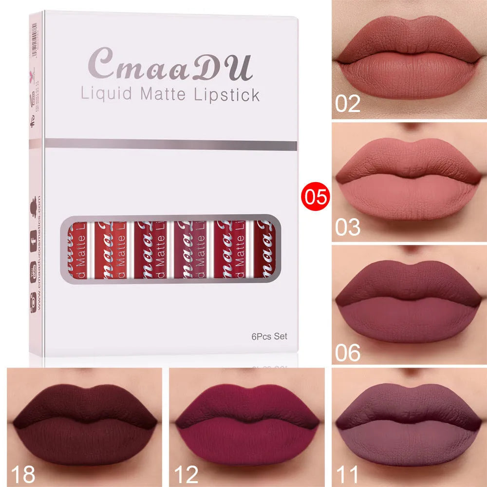 Six boxes of matte finish waterproof lip gloss with non-stick cup applicators in assorted colours.