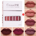 Six boxes of matte finish waterproof lip gloss with non-stick cup applicators in assorted colours.
